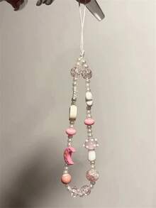 Y2K可爱蝴蝶结蘑菇花串珠手机链短手腕挂绳可爱手机带手机耳机背包相机链吊坠 - 粉色 - 查看 4