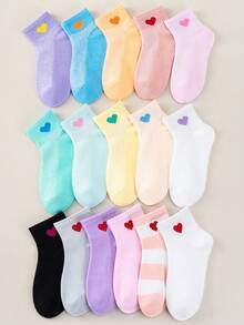 随机 1/5/10 双春夏糖果色儿童短袜，韩版清新爱心图案短袜，透气网眼袜，女童爱心装饰休闲短袜，百搭舒适，适合日常穿着。 - 彩色 - 查看 3
