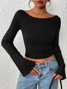 Women's Spring Fall Long Sleeve Shirts Crop Going Out Tops Casual Boat Neck Bell Sleeve Ribbed Ruched Y2K Clothes - Black - View 2