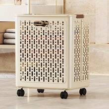 Cream White Foldable Laundry Basket With Wheels, Hollow Out Breathable Rolling Hamper For Dirty Clothes Storage - Beige 1PC - View 11