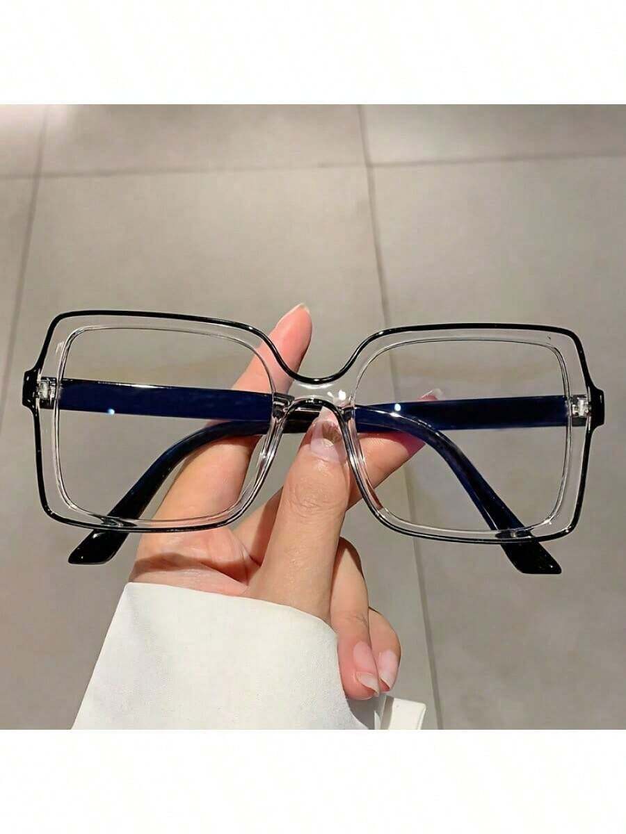 1 Pair Women's Color Block Square Frame Non-Prescription Glasses New Fashion Solid Color Decorative Frame Glasses - Màu xanh trong suốt - Xem 1