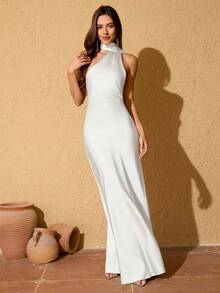 LOVE&LEMONADE 女士时尚白色缎面修身无袖围巾领长裙 - 白色 - 查看 4