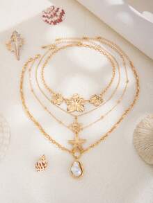4pcs/Set Ocean Holiday Geometric Delicate Chain Inlaid Faux Pearl Waterdrop, Starfish, Flower Pendant Charm Necklace, Luxurious & Elegant, Suitable For Wedding, Party, Vacation, Casual, Street Style, Women & Couples, Holiday & Birthday Gift - Necklace - View 5