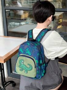 一款尼龙拉链背包，印有卡通恐龙图案，时尚单肩包，休闲背包（图案位置随机）。 - 彩色 - 查看 5