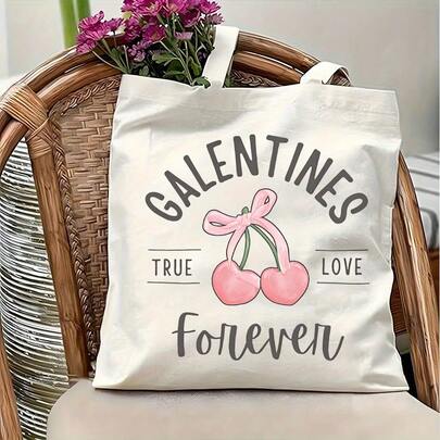 Vintage Valentine's Day, True Love Print Double-Sided Print Tote Bag, Cherry Theme College Style Portable Canvas Storage Bag, Casual Travel Beach Bag, Boho Style Design Bag, Shopping Bag, Suitable For Home, Commuting, Vacation, School, And Gifting, 16 In * 14 In