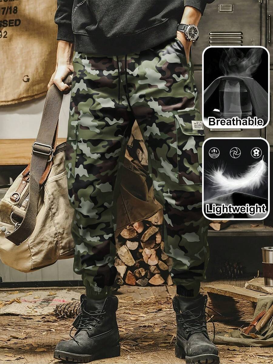 Men's Casual Camouflage Cargo Pants, 100% Polyester Non-Stretch Woven Fabric, Regular Fit, With Drawstring Waist And Flap Pockets, Outdoor Cargo Pants - Army Green - View 1