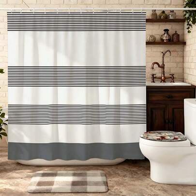 1pc Minimalist Black And White Striped Shower Curtain With Hooks, Modern Geometric Pattern Bathroom Shower Curtain, Bold Wavy Line Striped Shower Curtain Suitable For Minimalist Bathroom Decor, Neutral Color Bathroom Supplies, Fashionable Bathroom Supplies Suitable For Minimalist Homes, Waterproof Shower Curtain Suitable For Modern Urban Bathrooms, High-Quality Shower Curtain Suitable For Contemporary Bathroom Renovations