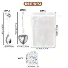 40/100件套不锈钢创意礼品套装，包含茶匙、心形茶漏、感谢卡和透明礼品袋，适合婚礼/生日/派对回礼、婚礼用品、礼品套装、婚礼/派对感恩节/周年纪念新奇礼物、茶会礼物，可放入洗碗机清洗，金/银色不锈钢餐具套装 - 婚禮禮品套裝 - 查看 8