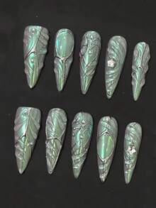 十片装极光绿手工美甲贴片，奢华复古按压式假指甲，欧美辣妹风假指甲，手工假指甲，春夏款假指甲，可重复使用，美甲饰品，女士礼物，适合女孩和女士参加派对和日常佩戴。美甲用品 - 彩色 - 查看 4