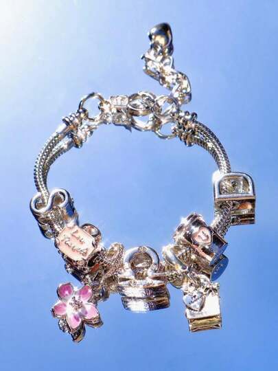 1pc Pink Cherry Blossom Charm Bracelet, 12 Zodiac Signs Commemorative Bracelet, Luggage & Shopping Bag Commemorative Bracelet, Cute Flower Charm Bracelet