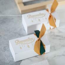 10pcs Eid Mubarak Candy Boxes - Gold Lantern & Crescent Moon Pattern, Rectangular Paper Boxes With Ribbons, Ramadan Holiday Party Candy Containers, Suitable For Eid Al-Fitr