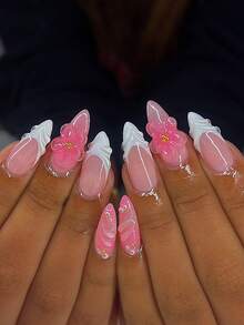 24片杏仁形3D凝胶美甲贴纸，轻松升级你的美甲造型！这款美甲贴纸套装包含花卉美甲设计、法式美甲贴片以及带有珍珠的中号金属十字架装饰，完美贴合亚克力指甲。套装包含：1片果冻凝胶和1把指甲锉。这款法式杏仁形美甲贴纸适合女性日常工作、节日派对及其他场合佩戴。 - 粉色 - 查看 2