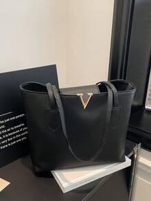 1pc Women's Fashionable Commuter Solid Color Shoulder Bag, Portable Versatile Large Capacity Tote Bag, Suitable For Dates, Shopping, Gifts, Work - Black - View 1