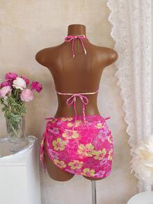 女士性感蝴蝶印花露背比基尼三件套，系带设计，含纱笼裙，海滩度假波西米亚风，夏季假期 - 彩色 - 查看 3