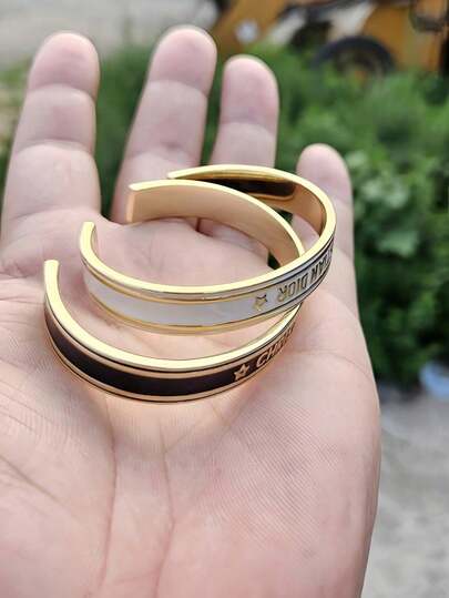 18K Gold Plated Vintage Open Bangle Bracelet, Featuring Delicate French Enamel Letter Design, Premium Quality Women Accessory