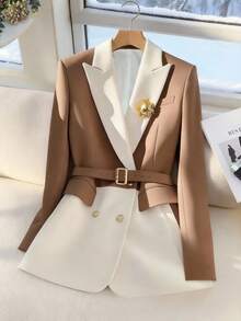 Women's Elegant Commuter Color Block Blazer - Khaki - View 2