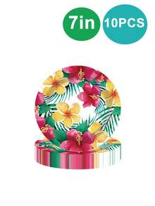 10 Stück ovale Pappteller im hawaiianischen Stil, Einweg-Aloha-Blumen-Partydekoration, Sommer-Tischgeschirr-Zubehör, beliebte tropische Teller, perfekt für Strandparty, Geburtstagsparty - Verschiedenfarbig - Übersicht 4