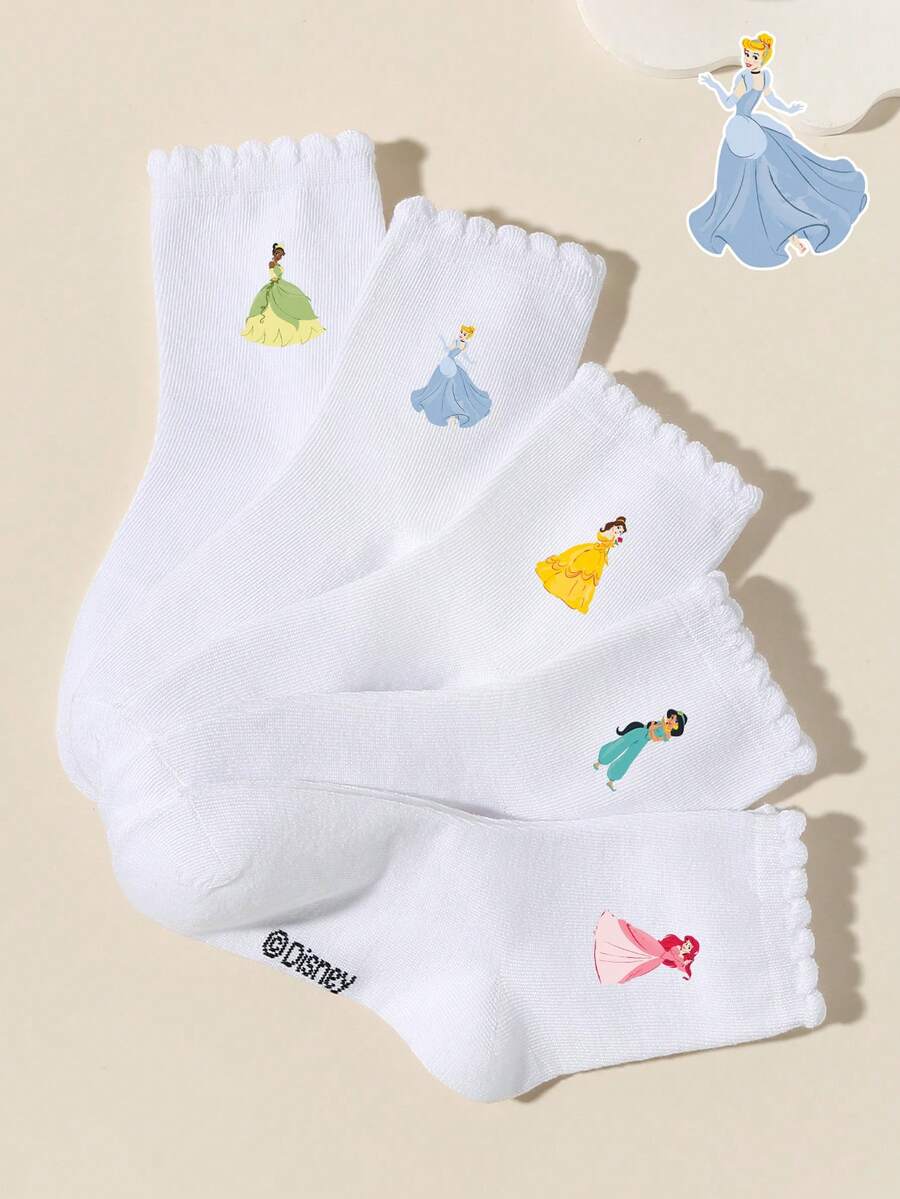 Disney 5/1 Pair Girls' Spring/Summer Versatile Campus Socks, Adorned With Lovely Vibrant Cartoon Princess Patterns, Cute & Fashionable, Soft & Breathable, Moisture-Wicking Sports Socks, Sweet & Comfortable Lace Trim Socks, Suitable For Parties, School, Outings, And Relaxation At Home - White - View 1