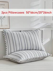 1/2 件装极简条纹印花涤纶枕套，带绒球流苏，柔软透气，现代沙发抱枕套，不含枕芯 - 灰色 - 查看 11