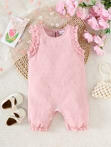 女婴甜美樱花印花圆领荷叶边连体衣，舒适可爱的夏季服装 - 粉色 - 查看 1