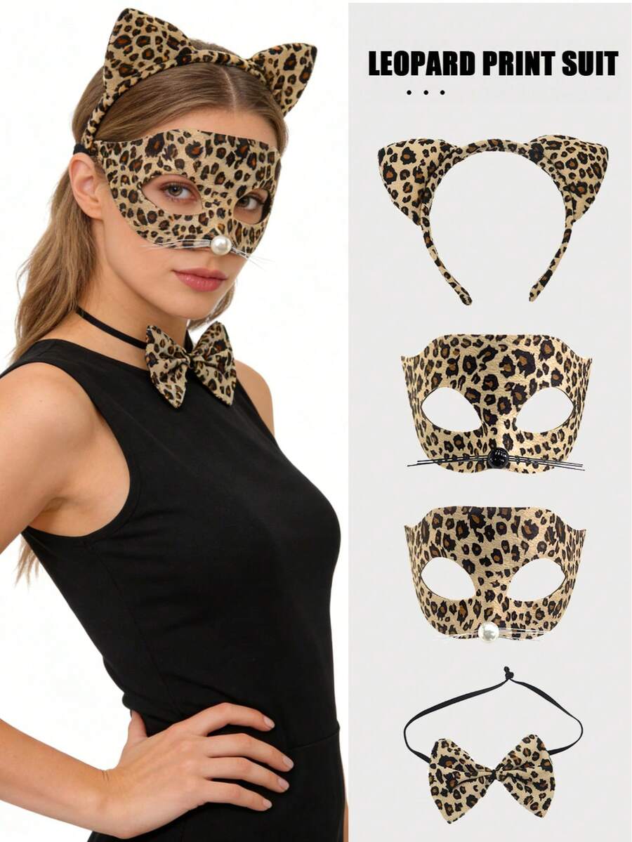 Cheetah Costume Set, Leopard Print Cat Ears With Bow, Masquerade Ball Mask, Women's Halloween Costume Accessories, Women's Party Costume, Suitable For Carnival, Halloween Costume Party, Christmas Eve, Birthday Party, Role-Playing Party, Festival Or Costume Party. - Multicolor - View 1