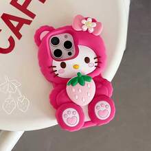 Sanrio 三丽鸥硅胶手机壳，新款可爱时尚小猫咪，草莓粉KT，3D立体，柔软草莓小猫咪，粉色蝴蝶结KT三丽鸥手机壳，兼容苹果17系列、11/12/12 Pro、13/14/15、13 Pro/14 Pro/15 Pro - 玫紅色 - 查看 2