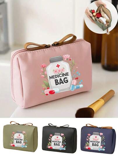 1pc Portable Pill Bag, Compact Pill Box & First Aid Kit, Themed Makeup Pouch Printed With "My Pill Bag" And Pill Pattern, Convenient For Travel, Suitable For Daily/Outdoor/Travel Medication, Essential For Health-Conscious And Frequent Travelers, Also A Must-Have Medical Accessory, Cute Cartoon Pill Bag, Multi-Functional Fabric Pill Pouch, Portable Medical First Aid Kit