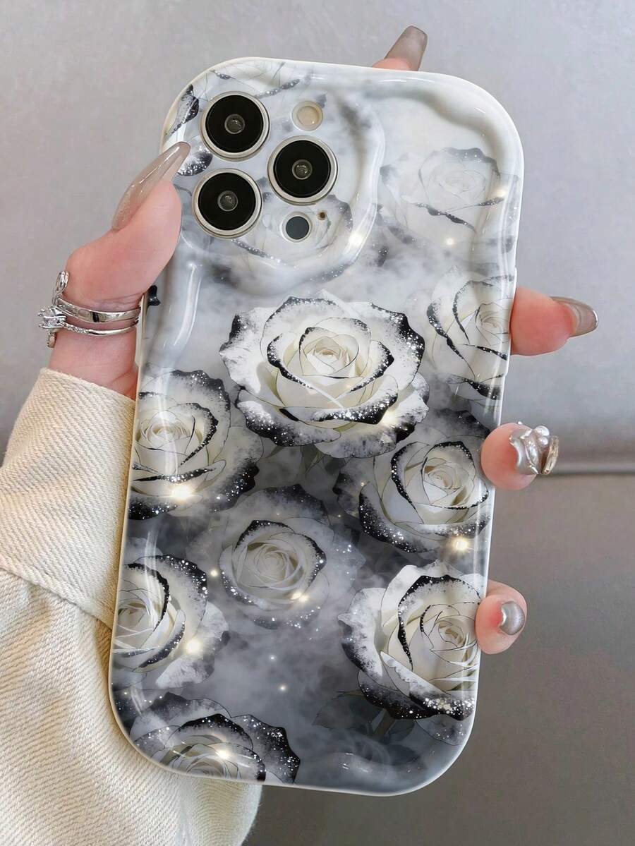 Rose Painting Flat Printed Cream Wavy Edge Simple Anti-Drop Thick Phone Protective Case, Compatible With IPhone 17/17 Pro/17 Pro Max, 16 XR/7/8, 15 Pro Max, 13 Pro Max, 14 Pro Max, 13, 14, 11, 12 Pro Max, P11, P12, XS, XR, 7/8 Plus, Redmi 10, Redmi Note 11 4G, Redmi 11 Lite, A53, A14, A23, S23 Ultra, S24, A14, A15, S23, A73, A55, A54 - Multicolor - View 1