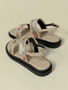 Women's Strap Buckle Sandals, Low Heel Thick Sole, Fresh Color Block Bohemian Vacation Vintage Random Print Open Toe Flat Heel Comfortable Summer New Wedge Low Heel Non-Tiring Fashion Outdoor Beach Sand Random Colorful Floral Leg-Lengthening Back Strap Hollow Design Summer 2026 Spring Autumn Lotus Apricot Breathable Fresh Elegant Graceful Matching Skirts Casual Sports Roman Sandals 3334 Small Size Large Size Women's Shoes 41-43 - Lotus Root and Apricot - View 4