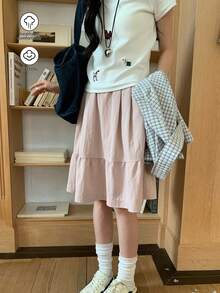 日系休闲黑色A字裙，带口袋，简约设计，显年轻。 - 粉色 - 查看 3