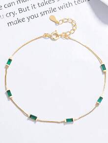 1pc S925 Sterling Silver Green Square Diamond Bracelet, Minimalist Ins-Style Green Diamond Box Chain Bracelet, Fashionable Fresh Elegant Jewelry Gift For Women - Square - View 11