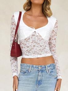 Vaiaye 女士春夏 V 领针织透视系带蕾丝 T 恤，低胸蝴蝶结性感收腰长袖上衣，适合情人节穿着 - 白色 - 查看 9