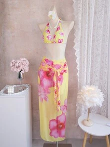 2026 Spring/Summer New Floral Print Halter Beaded Long Dress Style Swimsuit, Island Breeze Slimming Beach Dress Swimwear - Multicolor - View 7