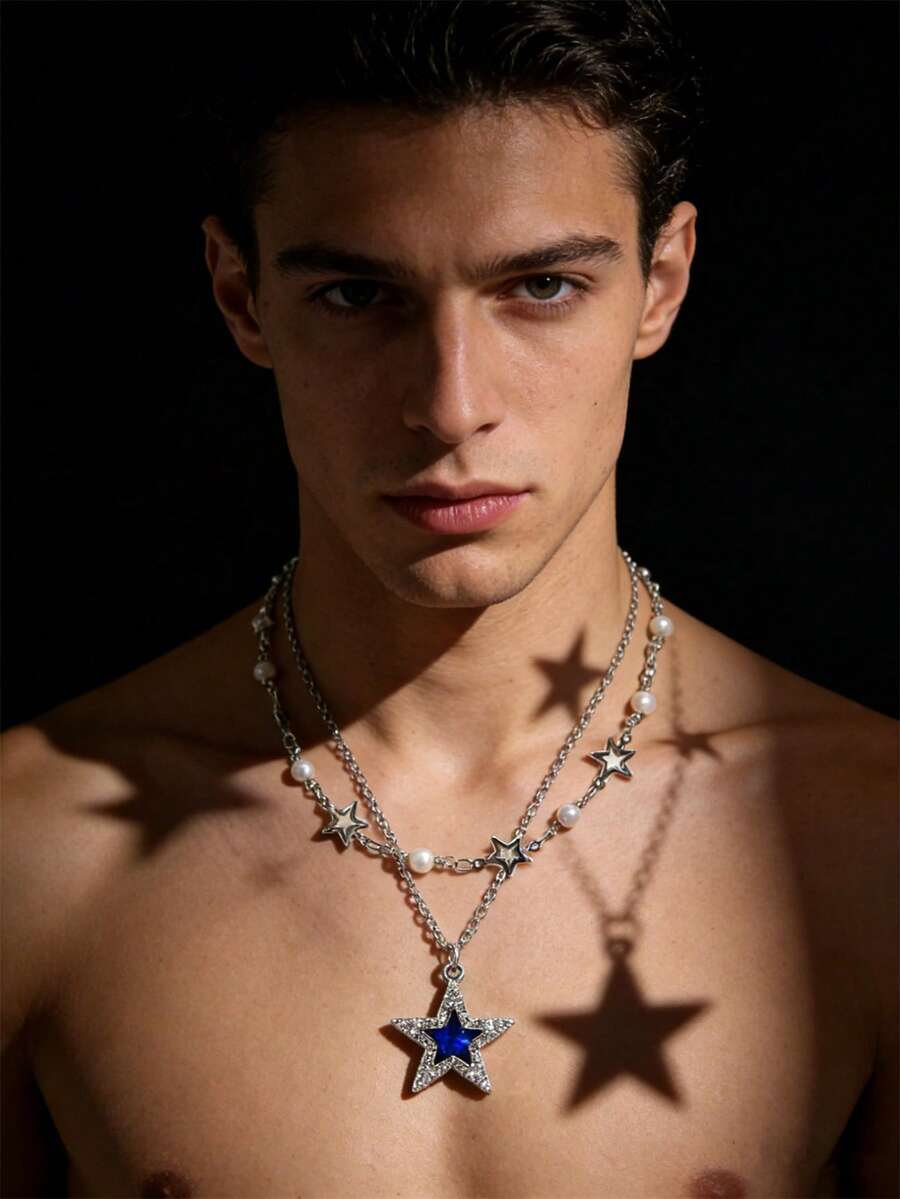 1pc Men's Silver Faux Pearl Metal Handmade Star Pendant Multi-Layer Necklace