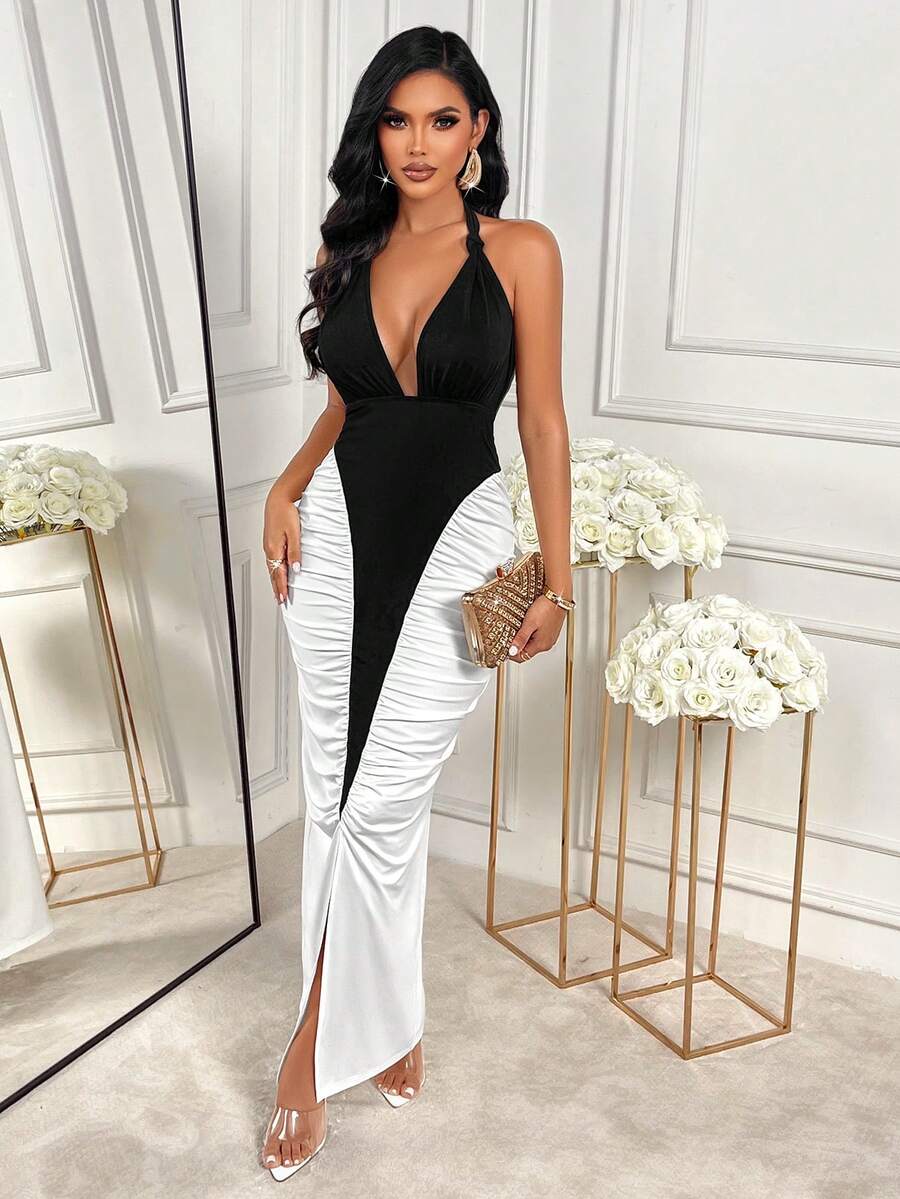 Đầm slip đen trắng phối màu tương phản Amarilo dành cho nữ, dáng ôm đuôi cá, dài ngang gối thanh lịch, phù hợp cho đi làm hàng ngày và các bữa tiệc mùa hè. - Đen và trắng - Xem 1