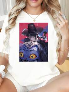 Cheshire Cat And Wizard Anime Graphic T Shirt Women Casual Loose Fit White Top Fashion Streetwear Summer Clothes - 白色 - 查看 1