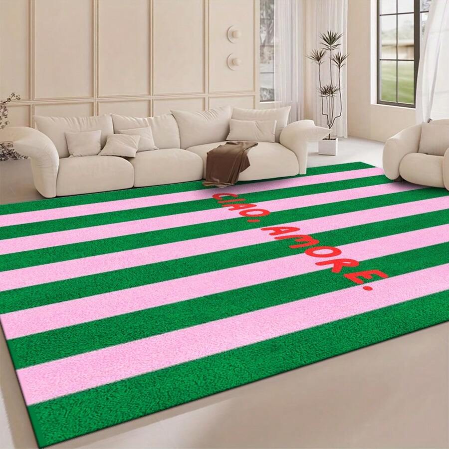 1件装醒目条纹图案地毯，引人注目的文字图案区域地毯，适用于客厅和卧室