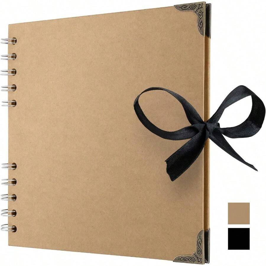 Square Scrapbook Photo Albums 36 Pages (X 7 Inch) Brown Thick 200gsm Kraft Paper Scrap Book, Ribbon Closure - Your Scrapbooking Albums, Art Projects (7x 7 Inch, Brown) - A - 查看 1