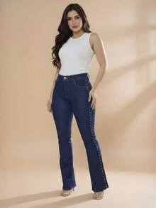 pthirillo Women's Dark Blue Flare Jeans With Butt-Lifting, High Waist, And Rhinestone Detail - Premium Rhinestone Jeans - Side Rhinestones - View 6