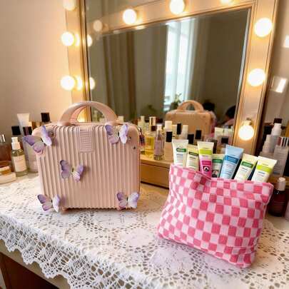 14英寸复古手提行李箱，迷你旅行箱，轻便密码盒，旅行收纳包，粉色化妆包，蝴蝶贴纸，送给女孩的理想礼物，创意生日礼物，个性化礼物，趣味礼物，送给妈妈的礼物，友谊礼物，适用于客厅、卧室、家居收纳、厨房、宿舍、办公室、储物