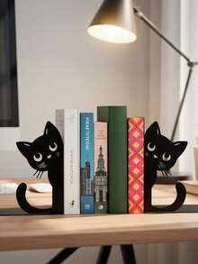2 piezas Lindos soportes para libros con forma de gato de hierro, soporte de escritorio de metal con diseño de gato caprichoso, organizador de estantería, sujetador de libros, para oficina, biblioteca, decoración de escritorio - gatito - Ver 2