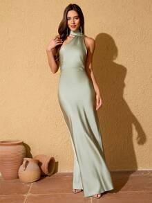 LOVE&LEMONADE 薄荷绿缎面无袖裹身系带长裙（女款） - 薄荷綠 - 查看 2