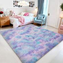 9x12 Fluffy Area Rug, Ultra-Soft Easy-To-Clean Non-Slip Design, Minimalist Solid Color Scheme, Tie-Dye Style Shag Rug, Fuzzy For Bedroom, Living Room, Game Room, Kids Room And Home Office Decor, Includes Anti-Slip Rug Pad - 紮染蘭彩虹色 - 查看 3