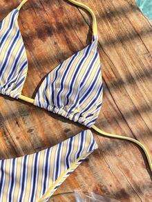 Bộ bikini nữ, áo ngực in họa tiết sọc phong cách Bohemian dễ thương kết hợp với quần bơi hai mặt sọc vàng, thích hợp cho kỳ nghỉ, bãi biển, hồ bơi và thể thao, trang phục nghỉ dưỡng xuân/hè 2026, trang phục đi lễ hội âm nhạc/đi biển cho bé gái. - Nhiều màu - Xem 3