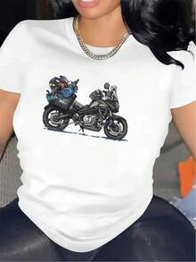 Motorcycle Pattern T-Shirt For Men And Women - Breathable Short Sleeve With Motorcycle Rider Pattern, Durable Round Neckline For Leisure And Restaurant Wear, Suitable For All Seasons Comfort For Motorcycle Enthusiasts, Motorcycle Clothing, Fashionable Black-White Design, Machine Washable, Suitable For Indoor And Outdoor Use, Unisex Style - Black - View 6