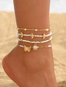 4pcs/Set Summer Bohemian Style Faux Pearl Beaded Anklet, Fashion Metal Bee & Butterfly Pendant Foot Jewelry, Suitable For Daily Wear, Beach, Travel, Date - Multicolor - View 1