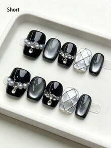 10片手工黑白珍珠美甲贴片，日式极简风格，可重复使用，女士适用 - 彩色 - 查看 13