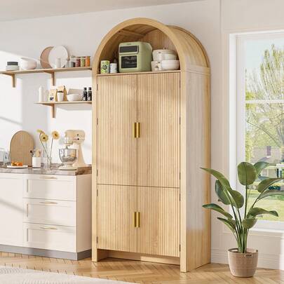 71" Arched Pantry Cupboard, Fluted Wood, 9 Shelves, Kitchen & Bathroom Storage