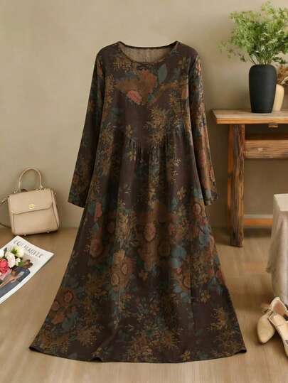 复古花卉印花圆领连衣裙，度假风格，秋季