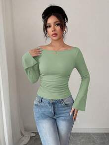 Women's Spring Fall Long Sleeve Shirts Crop Going Out Tops Casual Boat Neck Bell Sleeve Ribbed Ruched Y2K Clothes - Light Green - View 3